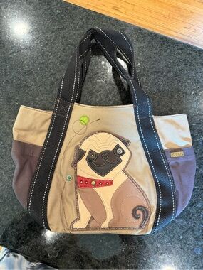 Chala Beige and Brown Pug Canvas Tote with Black Straps
